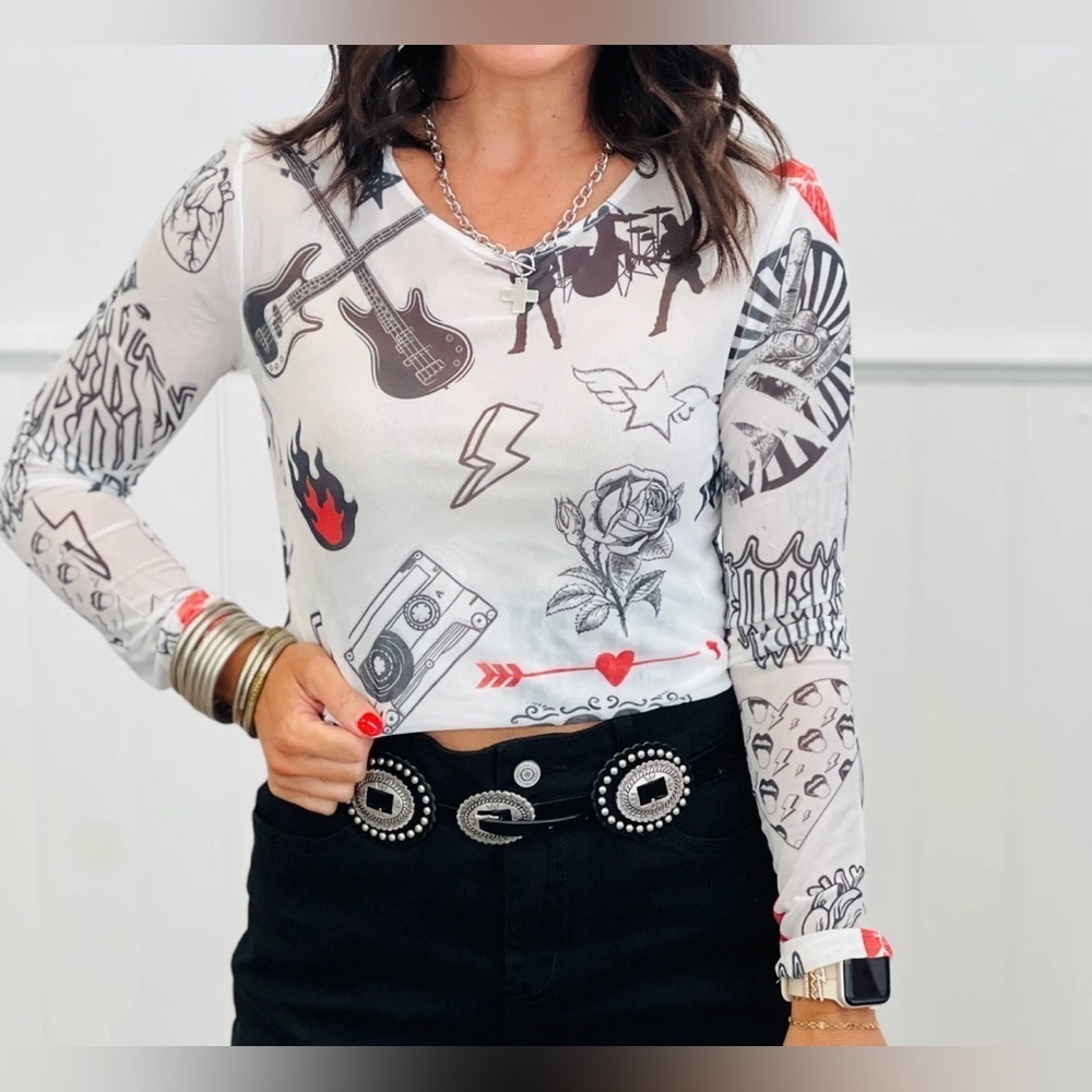 Graphic Rock and Roll Print Long Sleeve Top